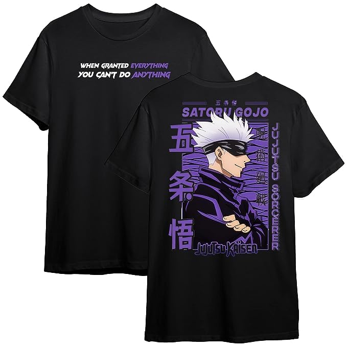 On Trend Round Neck Half Sleeves Gojo Saturo Printed Polyester T-Shirt for Men and Women (Color- Black)