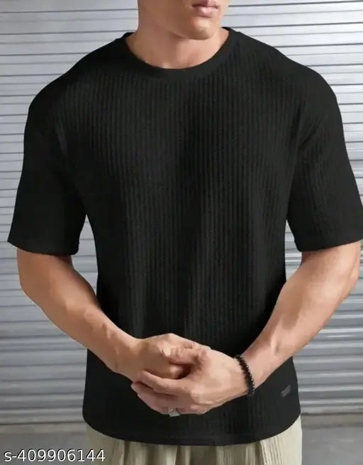 Men Striped Round Neck Cotton Blend Blend Popcorn Tshirt