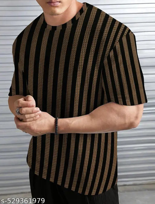 Black brown striped oversize self design tshirt for men