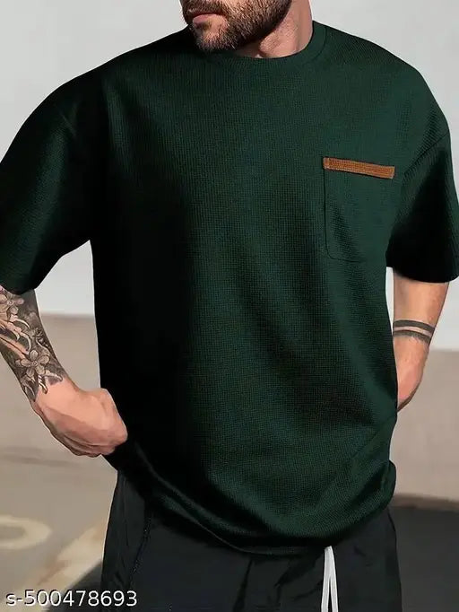 Men's Oversized Waffle Knit T-Shirt | Popcorn Textured Fabric | Trendy Pocket Design |